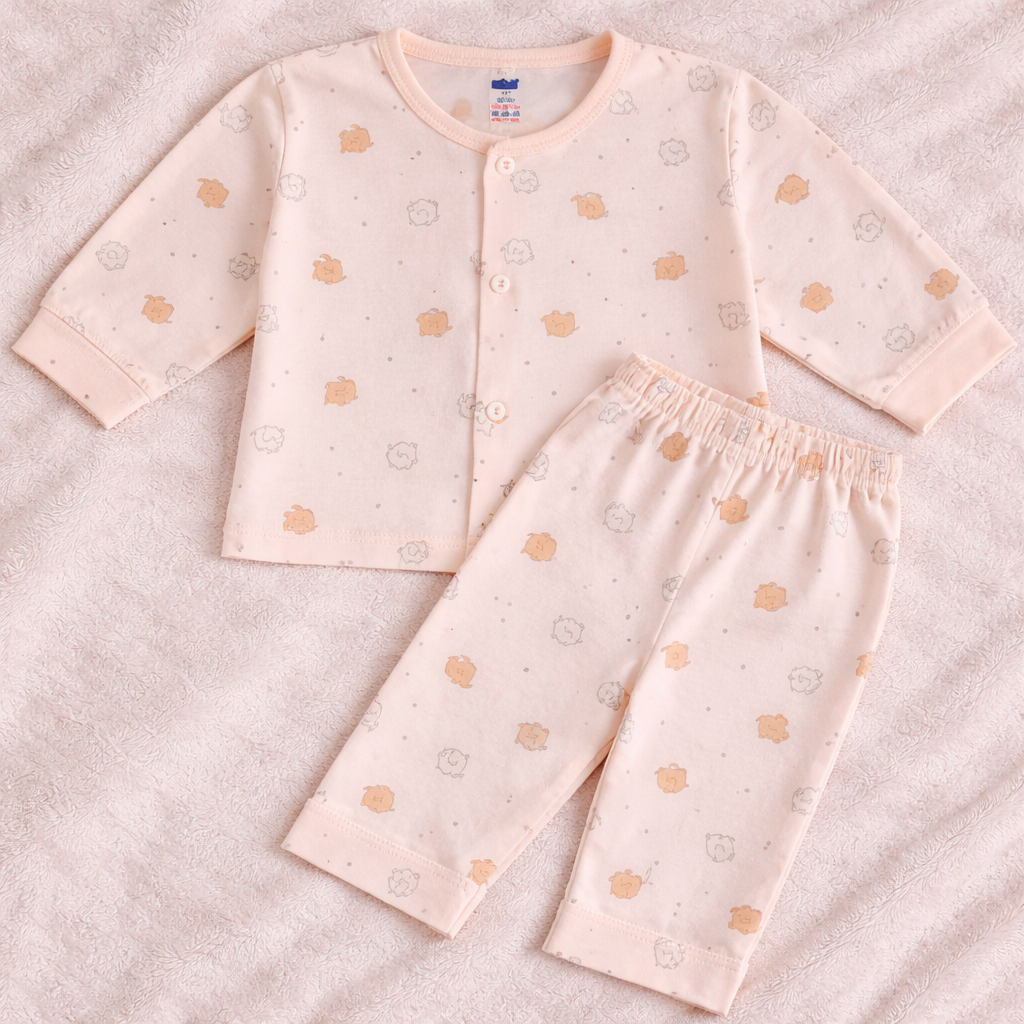 Simply Baby Elephant Print Front Open Top & Pant Set (0–1 Month) – Soft Cotton, Full Sleeves - Peach - Cutypi