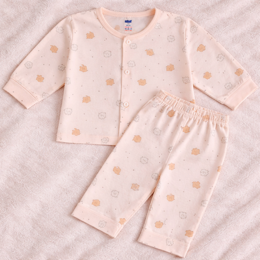 Simply Baby Elephant Print Front Open Top & Pant Set (0–1 Month) – Soft Cotton, Full Sleeves - Peach - Cutypi