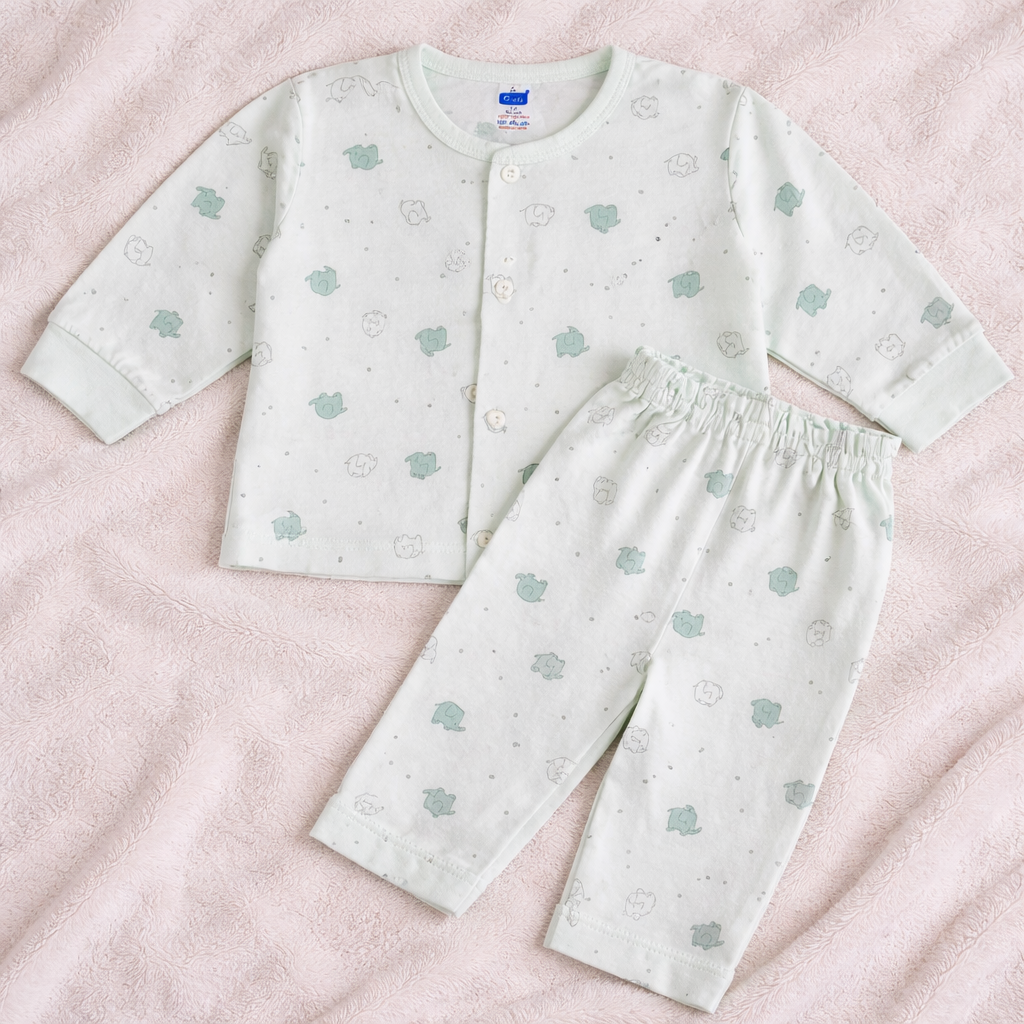 Simply Baby Elephant Print Front Open Top & Pant Set (0–1 Month) – Soft Cotton, Full Sleeves - Mint - Cutypi