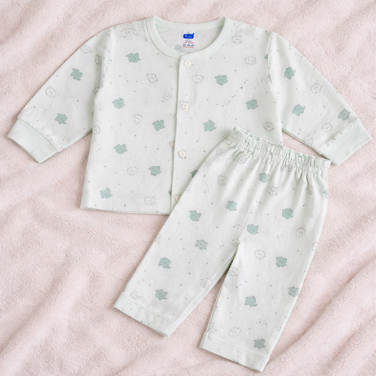 Simply Baby Elephant Print Front Open Top & Pant Set (0–1 Month) – Soft Cotton, Full Sleeves - Mint - Cutypi