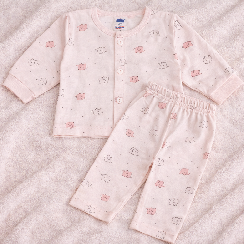Simply Baby Elephant Print Front Open Top & Pant Set (0–1 Month) – Soft Cotton, Full Sleeves - Baby Pink - Cutypi