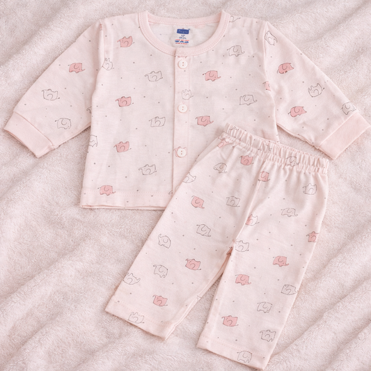 Simply Baby Elephant Print Front Open Top & Pant Set (0–1 Month) – Soft Cotton, Full Sleeves - Baby Pink - Cutypi