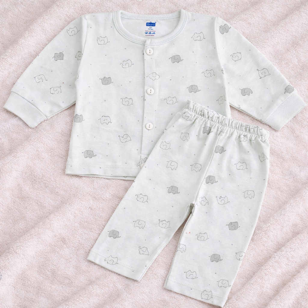 Simply Baby Elephant Print Front Open Top & Pant Set (0–1 Month) – Soft Cotton, Full Sleeves - gray - Cutypi
