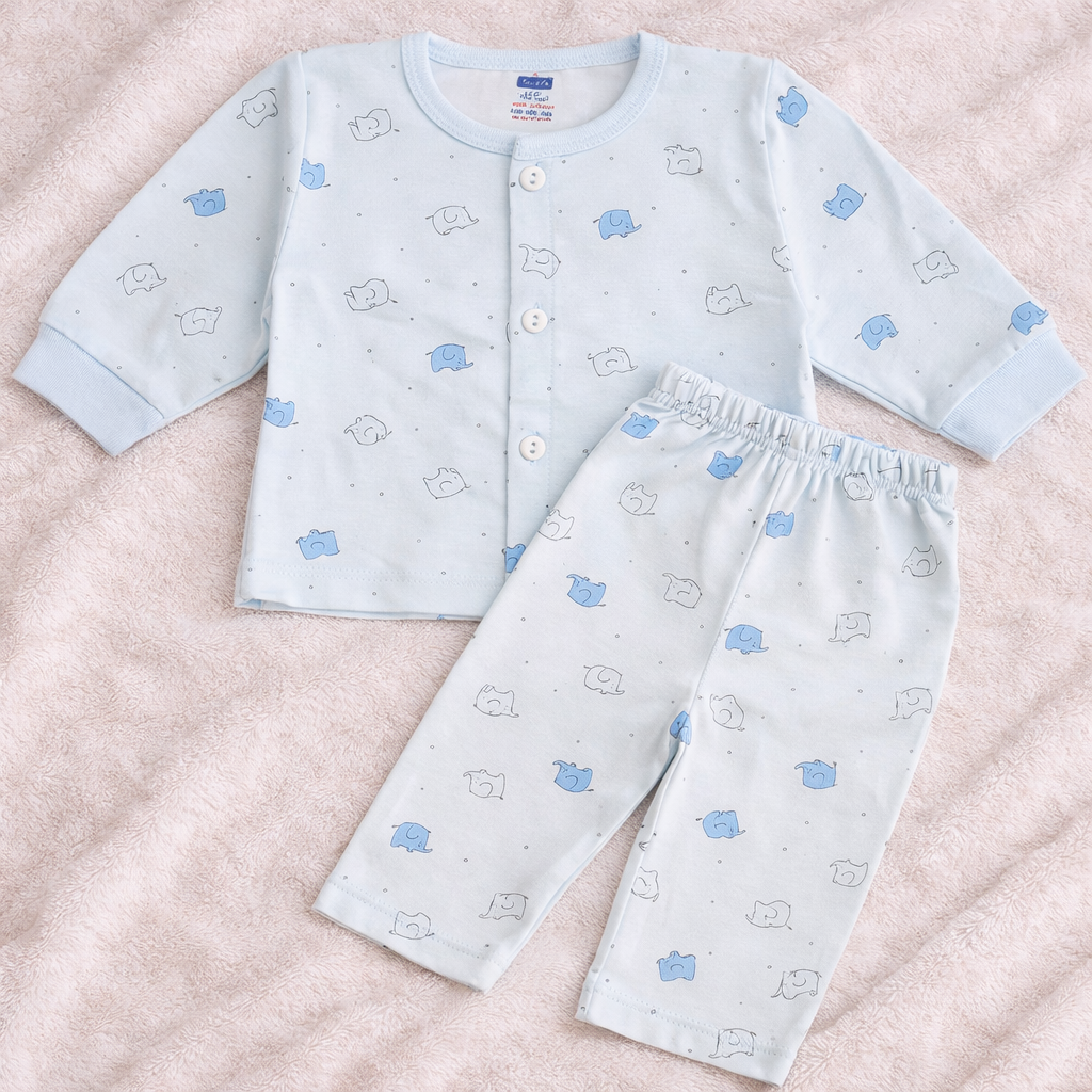 Simply Baby Elephant Print Front Open Top & Pant Set (0–1 Month) – Soft Cotton, Full Sleeves - Sky blue - Cutypi