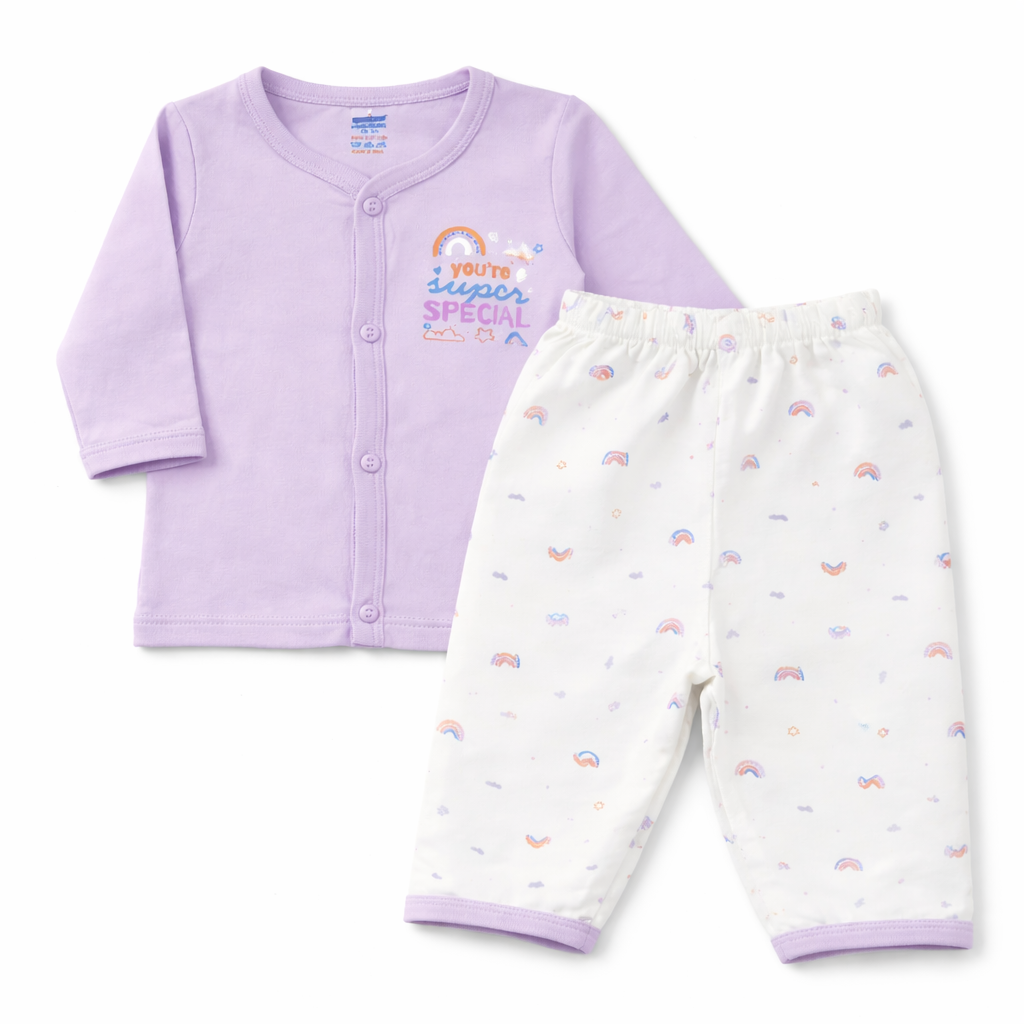 Simply Baby “You’re Super Special” Printed Cotton T-Shirt with Pant Set – Purple & White - Cutypi