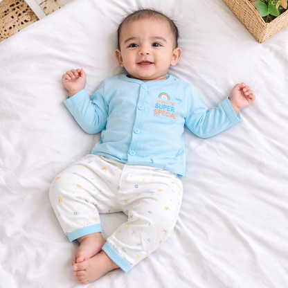 Baby “You’re Super Special” Printed Cotton T-Shirt with Pant Set – Sky Blue & White