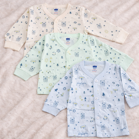 Simply Baby Printed Front Open Cotton Top – Full Sleeves (0–1 Month) | Pack of 3 - Cutypi