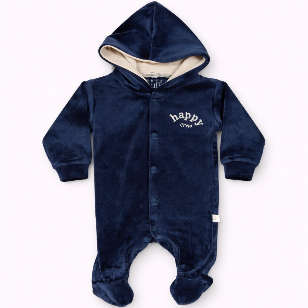 Cozy Care Navy Blue Hooded Baby Romper with Footed Design | Soft Winter Infant Jumpsuit - Cutypi