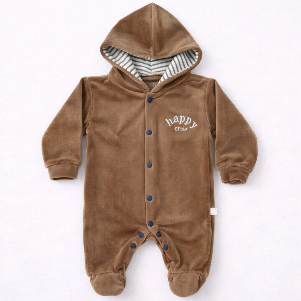 Cozy Care Brown Happy Crew Hooded Baby Romper with Front Snap Closure - Cutypi
