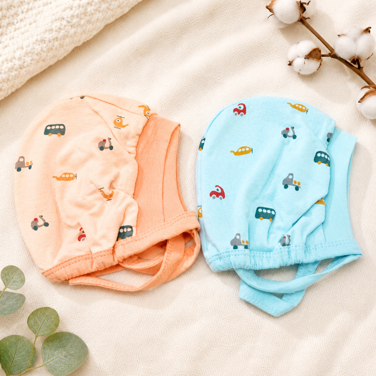 Newborn Baby Cotton Tie Knot Cap Set Orange & Blue Vehicle Print Infant Caps Soft & Breathable (Pack of 2)- Cutypi