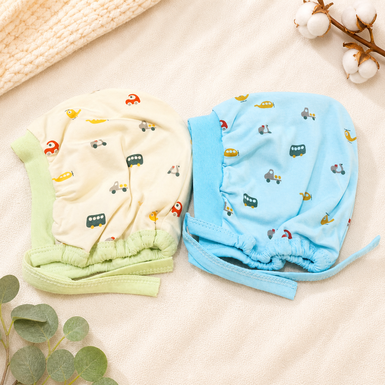 Newborn Baby Cotton Tie Knot Cap Set Mint & Blue Vehicle Print Infant Caps Soft & Breathable (Pack of 2)- Cutypi