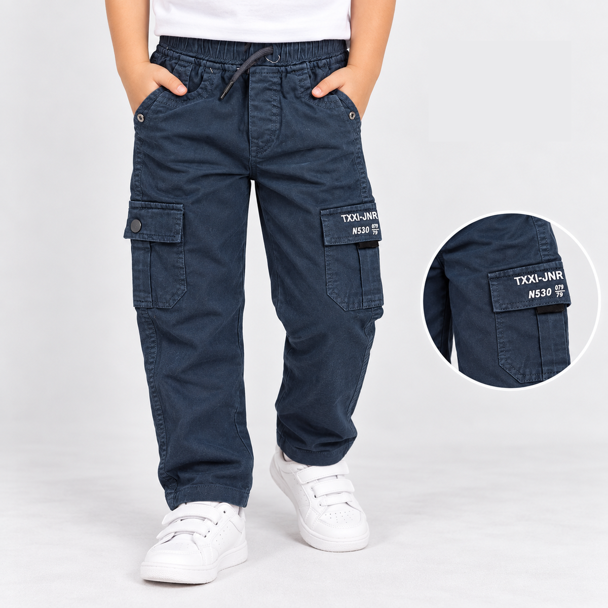 Taxi Junior boys navy blue cargo pants with elastic waist, drawstring and utility pockets | Cutpy