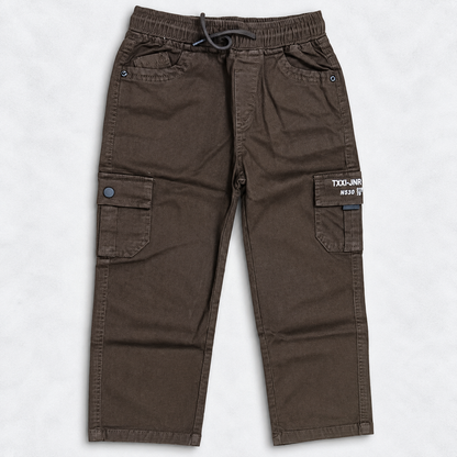 Taxi Junior boys brown cargo pants with elastic waist, drawstring and utility pockets | Cutypi
