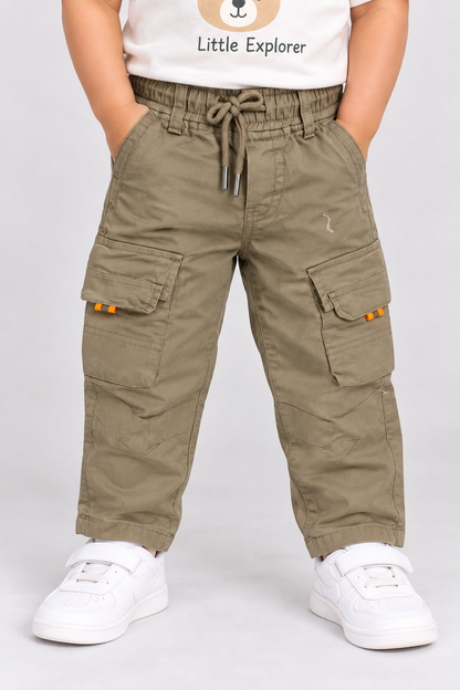 Taxi Junior boys khaki cargo pants with elastic waist, drawstring and multiple utility pockets | Cutypi
