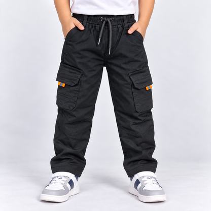 Taxi Junior boys black cargo pants with elastic waist, drawstring and multiple utility pockets | Cutypi