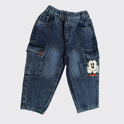 Boys Blue Denim Cargo Pants | Kids Jeans with Cartoon Pocket Detail