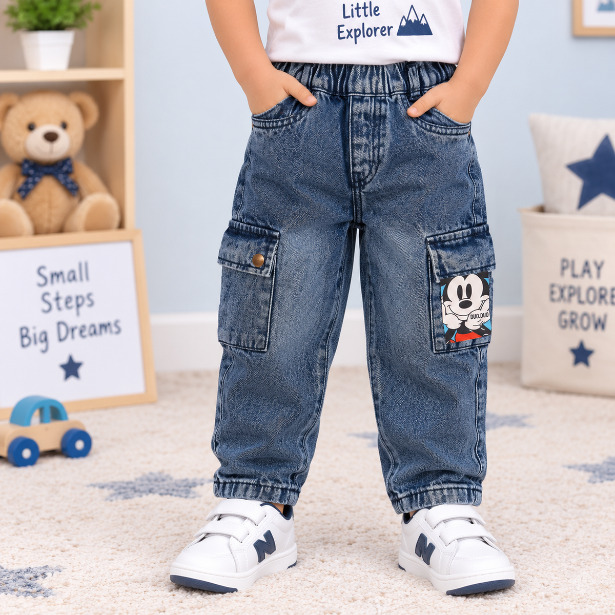 boys blue denim cargo pants with elastic waist, utility pockets and cartoon pocket detail | Cutypi