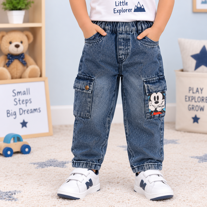 boys blue denim cargo pants with elastic waist, utility pockets and cartoon pocket detail | Cutypi