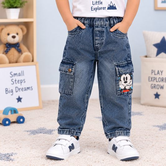 boys blue denim cargo pants with elastic waist, utility pockets and cartoon pocket detail | Cutypi