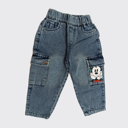 Boys Blue Denim Cargo Pants | Kids Jeans with Cartoon Pocket Detail