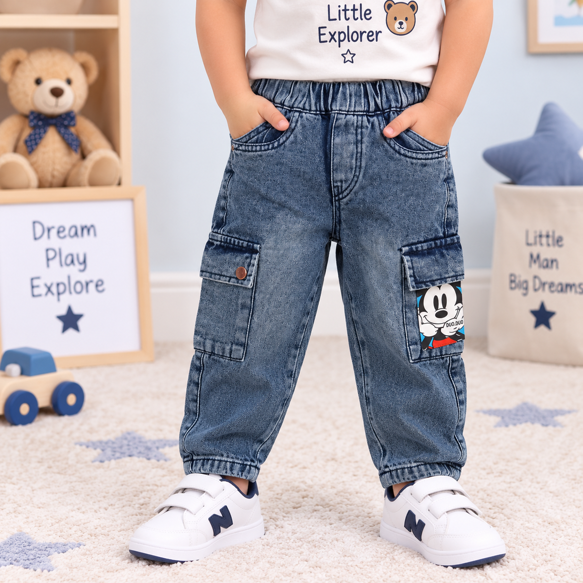 Boys Blue Denim Cargo Pants | Kids Jeans with Cartoon Pocket Detail