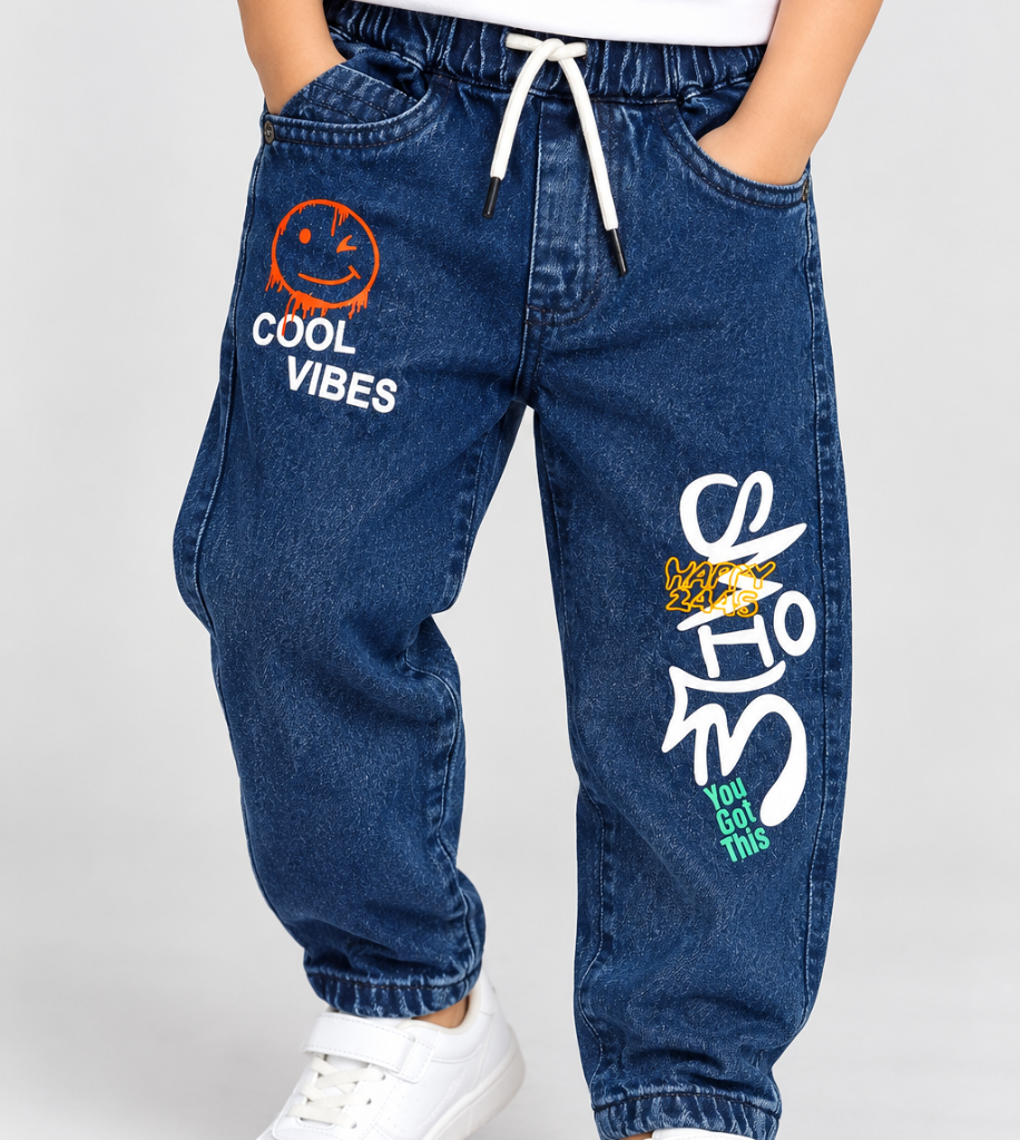 Taxi Junior boys blue denim cargo pants with elastic waist, utility pockets and cartoon pocket detail | Cutypi