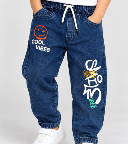 Taxi Junior boys blue denim cargo pants with elastic waist, utility pockets and cartoon pocket detail | Cutypi