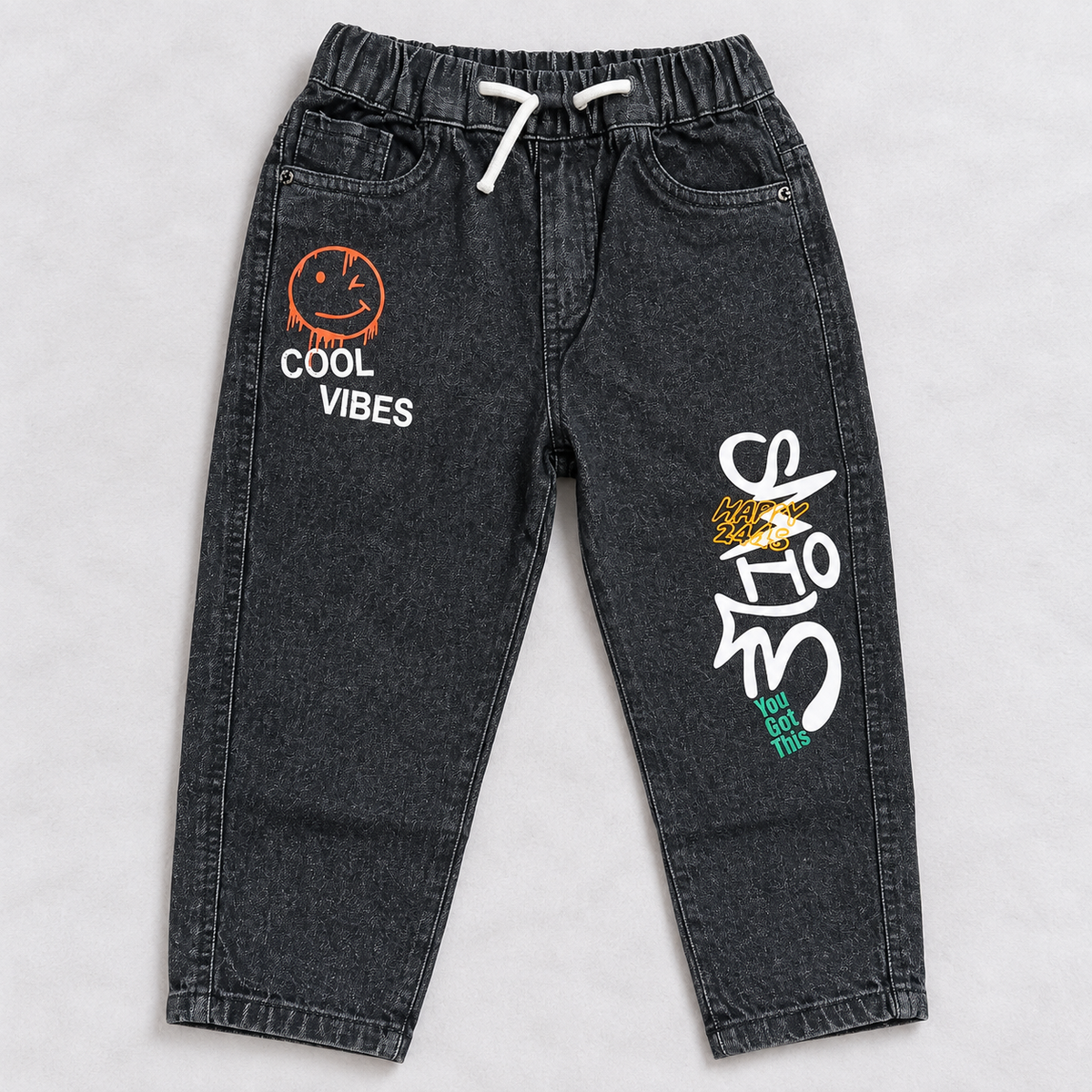 boys black denim jogger pants with Cool Vibes print, elastic waist and drawstring | Cutypi