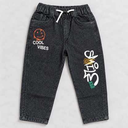 boys black denim jogger pants with Cool Vibes print, elastic waist and drawstring | Cutypi
