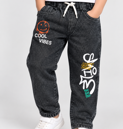 Boys Black Denim Jogger Pants | Printed Kids Jeans with Drawstring