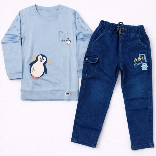 Buy Juniors Penguin Print Full SleevesT-Shirt with Denim Pant