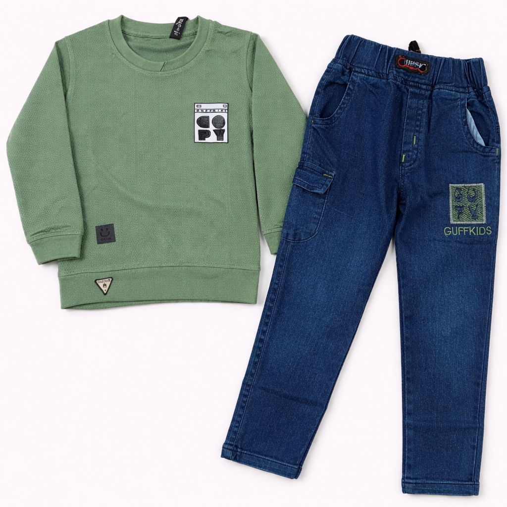 Buy Juniors Full SleevesT-Shirt with Denim Pant - Green