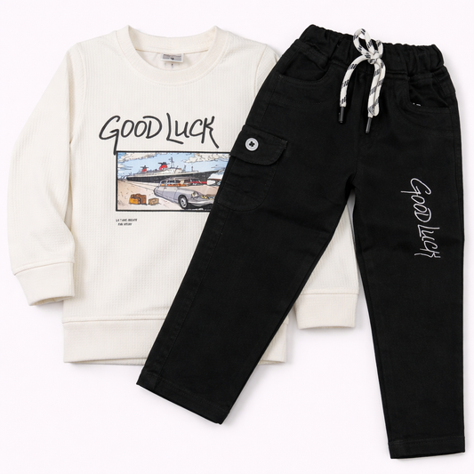 Buy Boys Party Wear Good Luck Print Full SleevesT-Shirt with Pant