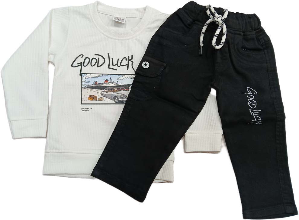 Buy Boys Party Wear Good Luck Print Full SleevesT-Shirt with Pant