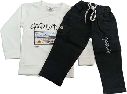 Buy Boys Party Wear Good Luck Print Full SleevesT-Shirt with Pant