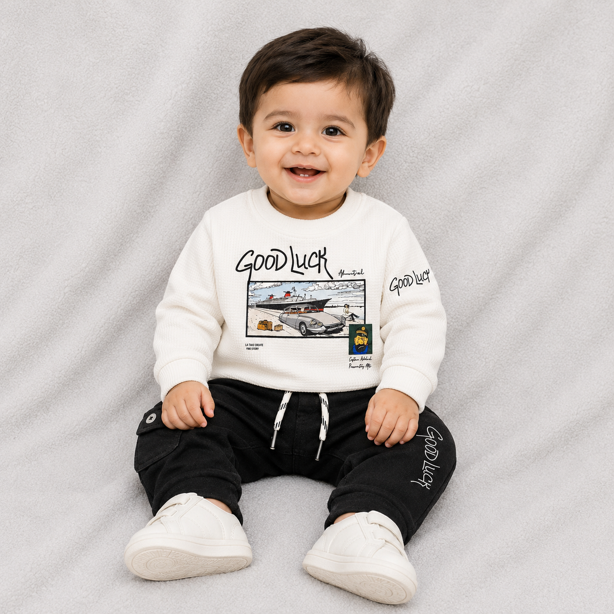 Buy Boys Party Wear Good Luck Print Full SleevesT-Shirt with Pant