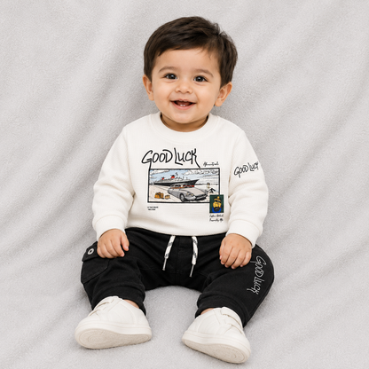 Buy Boys Party Wear Good Luck Print Full SleevesT-Shirt with Pant