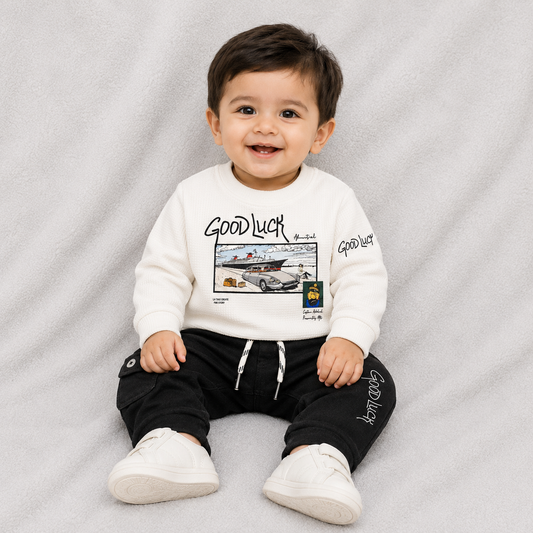 Buy Boys Party Wear Good Luck Print Full SleevesT-Shirt with Pant