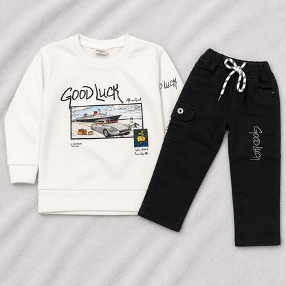 Buy Boys Party Wear Good Luck Print Full SleevesT-Shirt with Pant