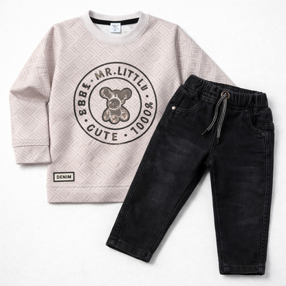 My Hero Little Trend setter Bear Cute Graphic Sweatshirt & Black Denim Set  - Cutypi