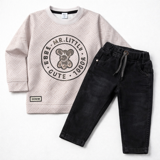 Little Trend setter Bear Cute Graphic Sweatshirt & Black Denim Set