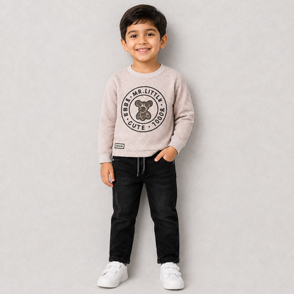 Little Trend setter Bear Cute Graphic Sweatshirt & Black Denim Set