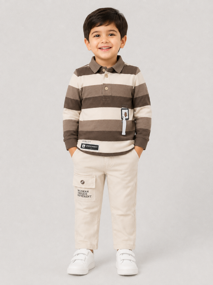 Urban Explorer Striped Polo & Cargo Pants Set for Kids