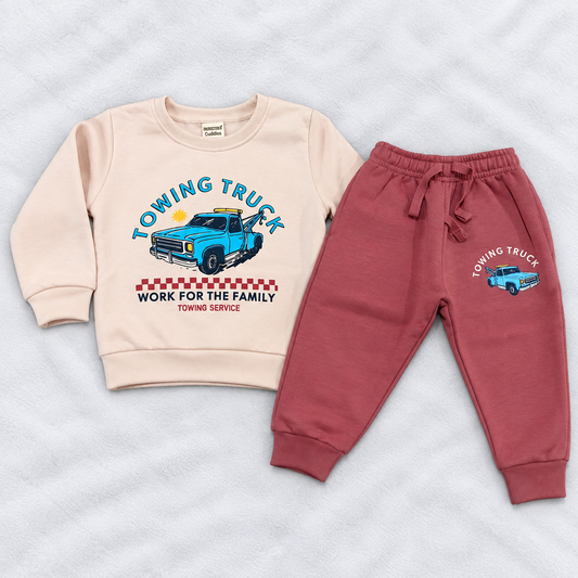 Kids Winter Thermal Sweatshirt & Pant Set – Towing Truck Print