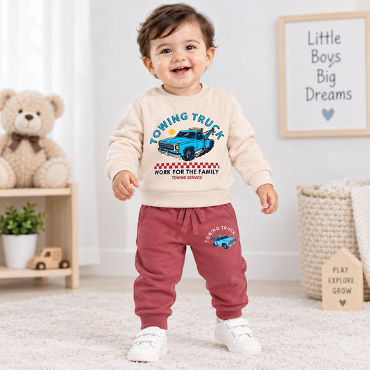 Cucu Cuddles Kids Winter Thermal Sweatshirt & Pant Set – Towing Truck Print