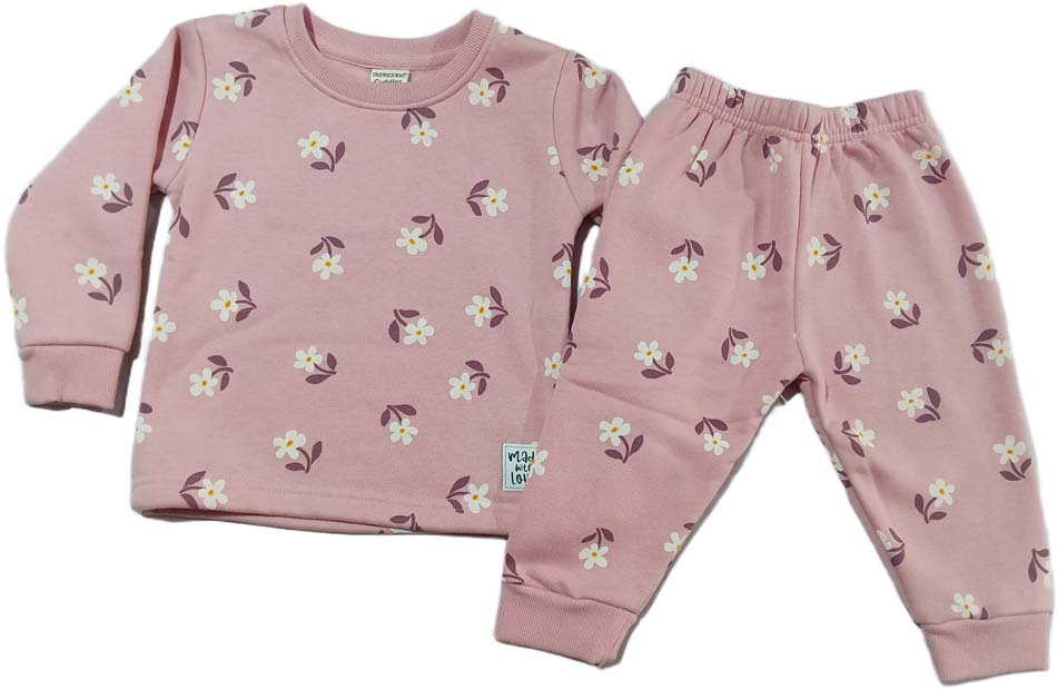 Baby Girls Floral Printed Fleece Full Length Winter Wear Suit - Pink