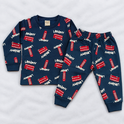Cucumber Boys Navy Blue Printed Fleece Cord Set | Winter Wear Co-Ord Set for Kids
