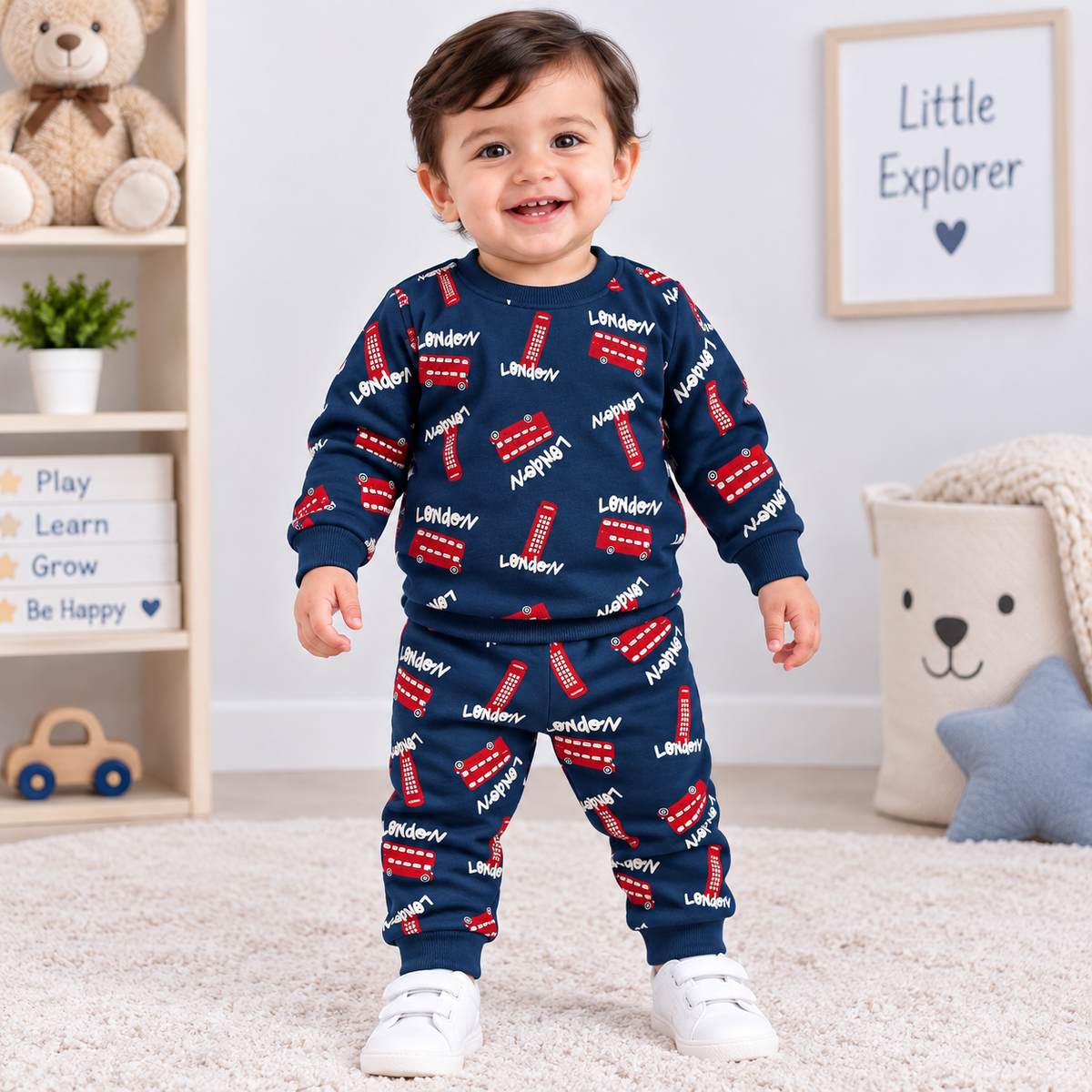 Cucumber boys navy blue printed fleece cord set with full sleeve top and matching pajama for winter | Cutypi