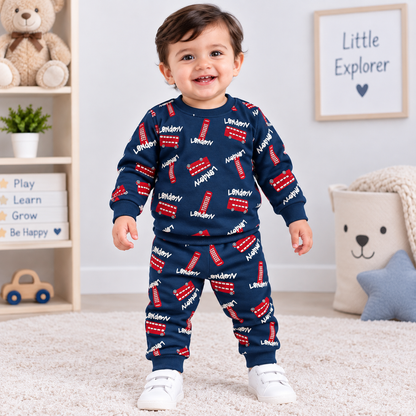 Cucumber boys navy blue printed fleece cord set with full sleeve top and matching pajama for winter | Cutypi