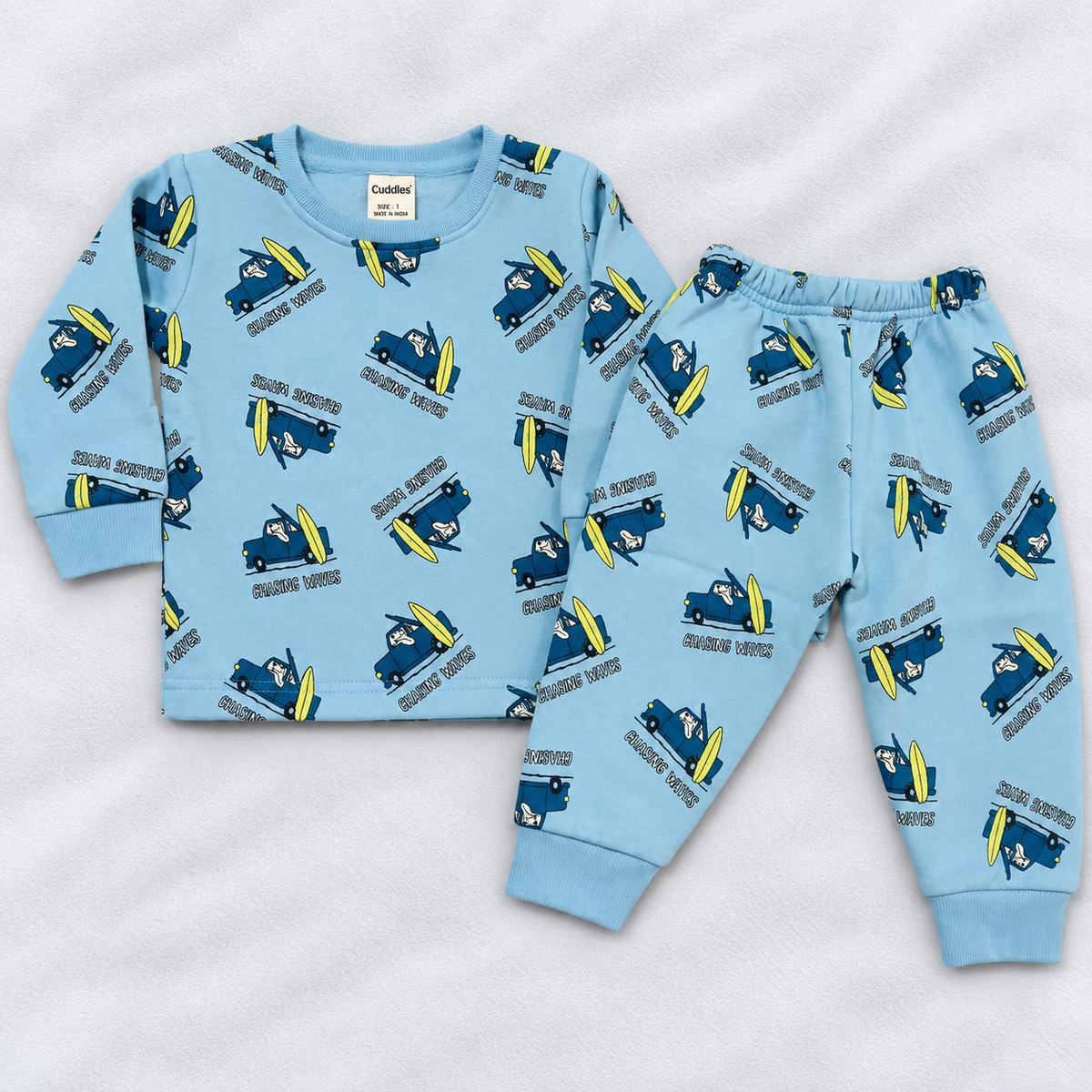 Cucumber Boys Sky Blue Fleece Cord Set | Winter Wear Co-Ord Set for Kids